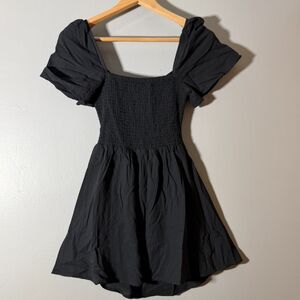 Princess Polly Size 6 Black Puff Sleeve Mini Dress Smocked Open Back Babydoll
